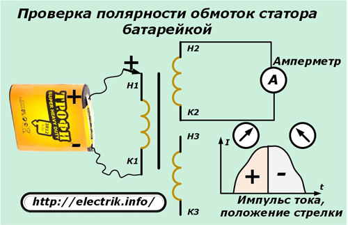Проверка полярности обмоток статора батарейкой