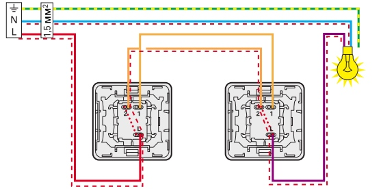 Схема управления светом из 2-х мест с помощью проходных выключателей