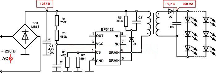 Типовая схема драйвера для светодиодов с трансформатором